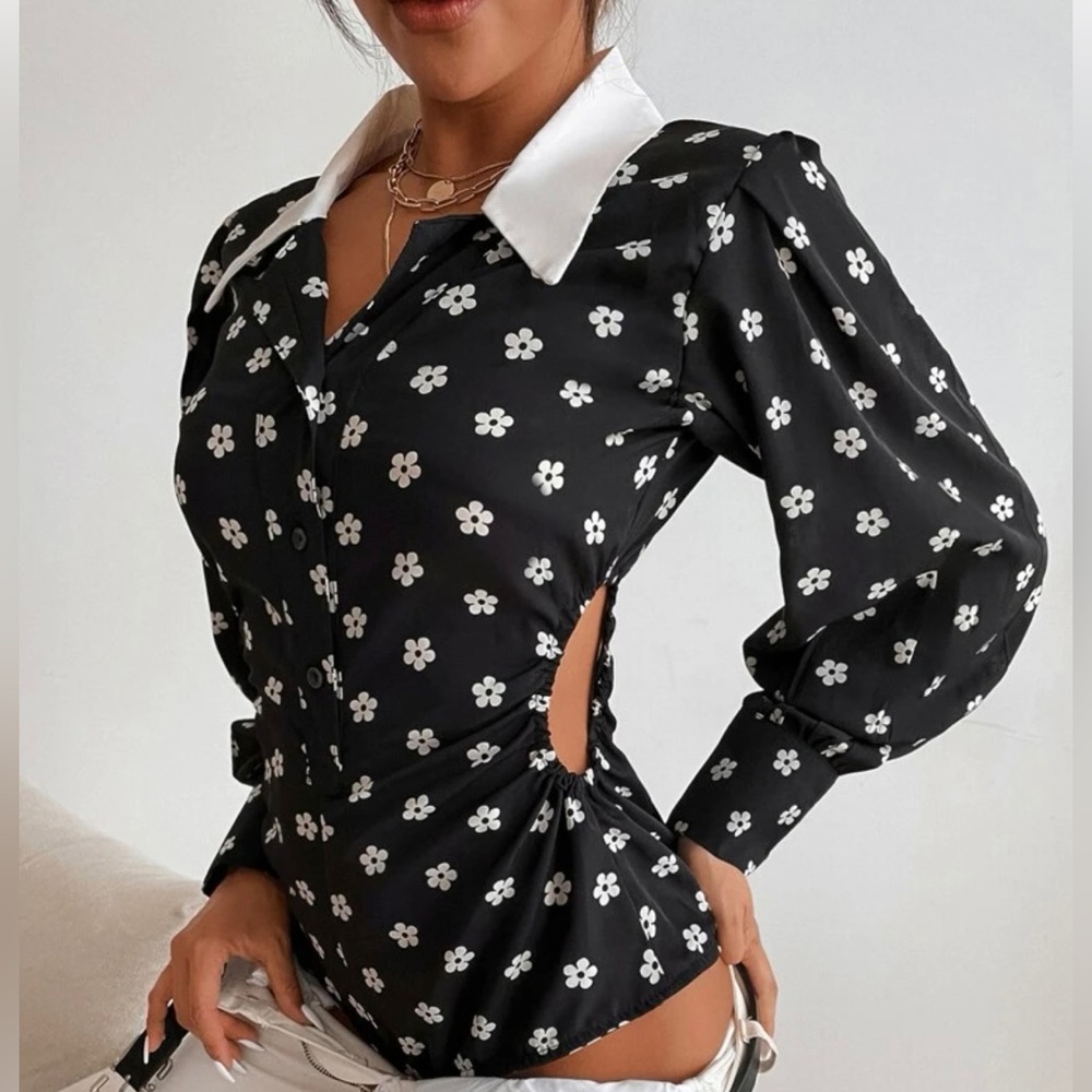 SHEIN Allover foral print cut out shirt bodysuit
